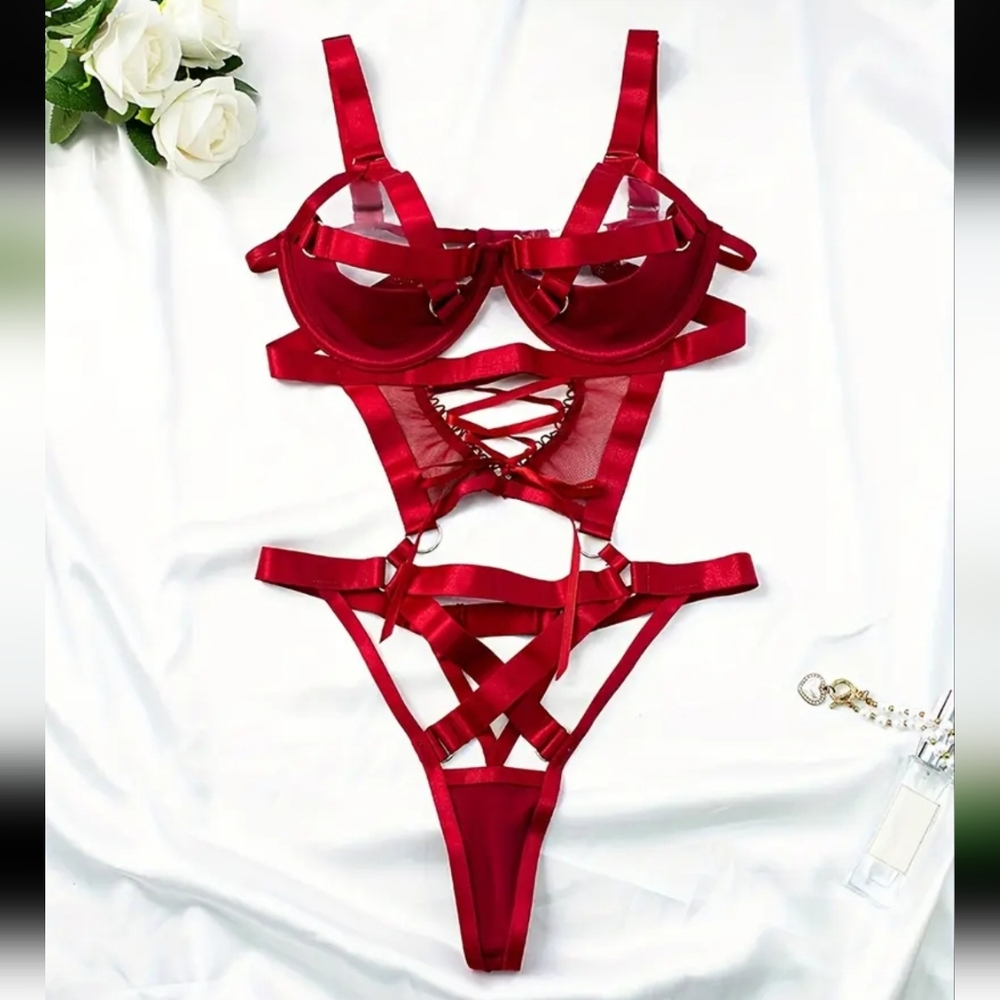 Wine Red Strappy Half Cup Shelf Lace-Up Thong Back One Piece Teddy Lingerie (L)